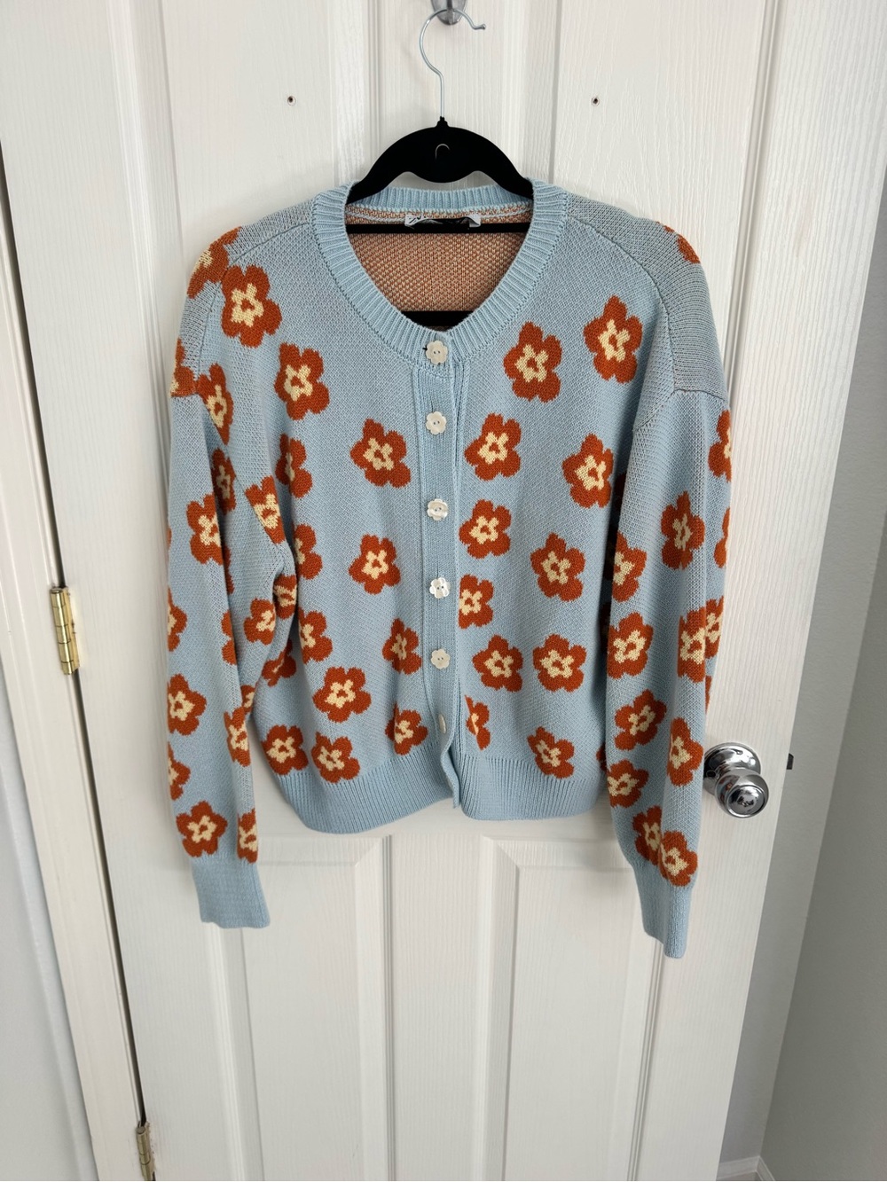 Zara Light Blue Cardigan with Orange and Cream Floral Knit